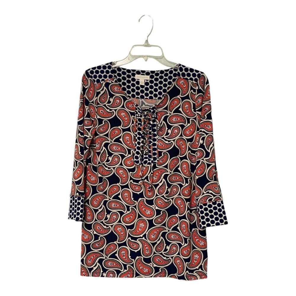 Charter Club Tunic Top Women's Medium Blue Floral Paisley 3/4 Sleeve